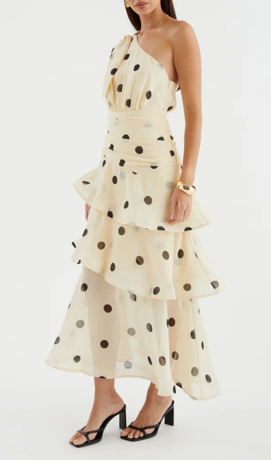 Fashionslee Women Lalaine Apricot One-Shoulder Dot Midi Dress