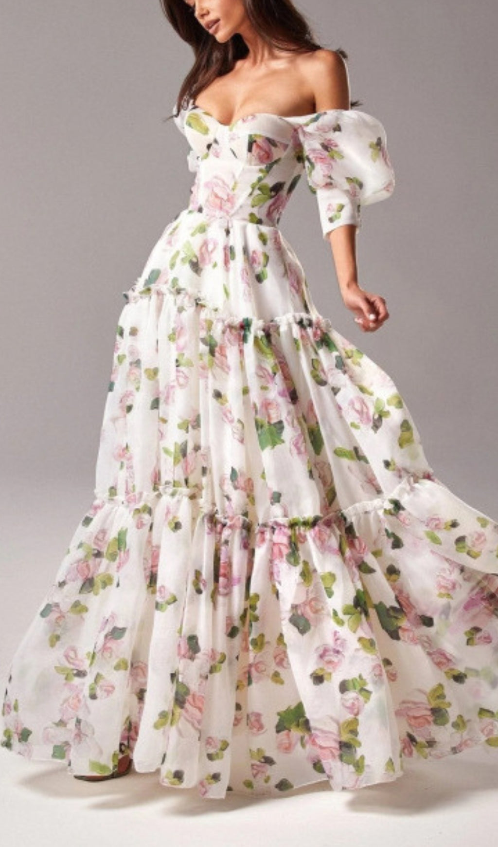 Fashionslee Women Off-The-Shoulder Floral Maxi Dress In White