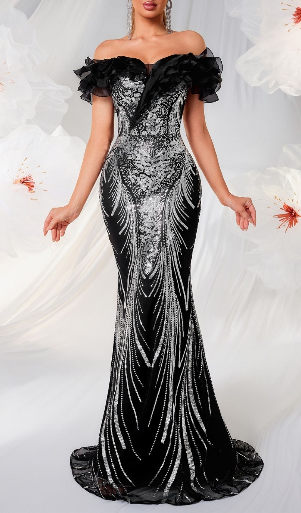 Fashionslee Women Lamis Off-Shoulder Sequin Mesh Gown
