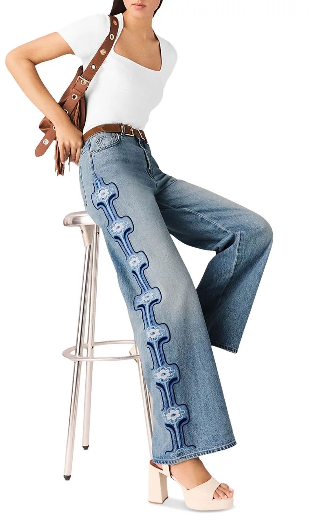 Fashionslee Women Pintbrode Floral Embroidered Wide Leg Jeans in Blue