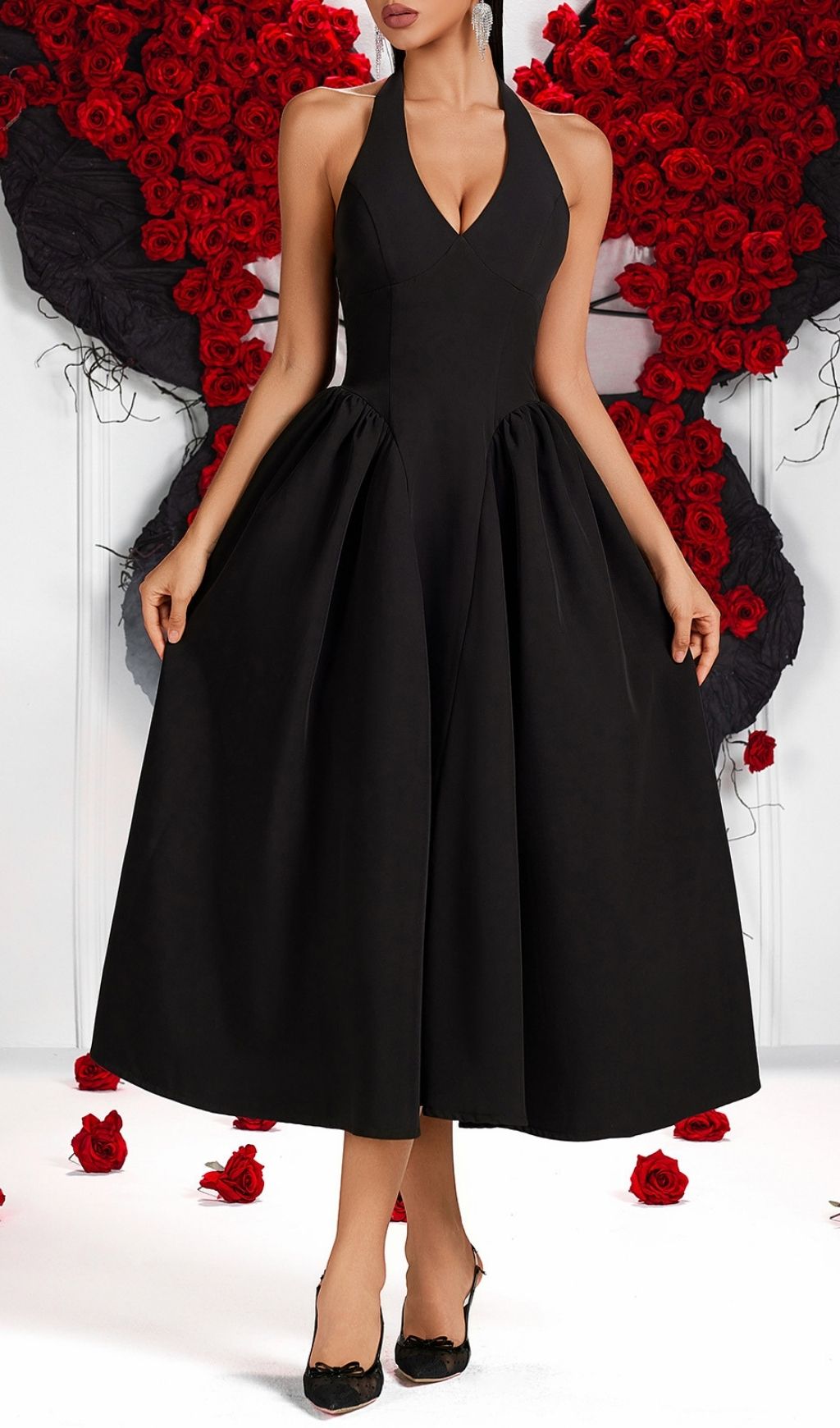 Fashionslee Women Lameez Black Halter Midi Dress