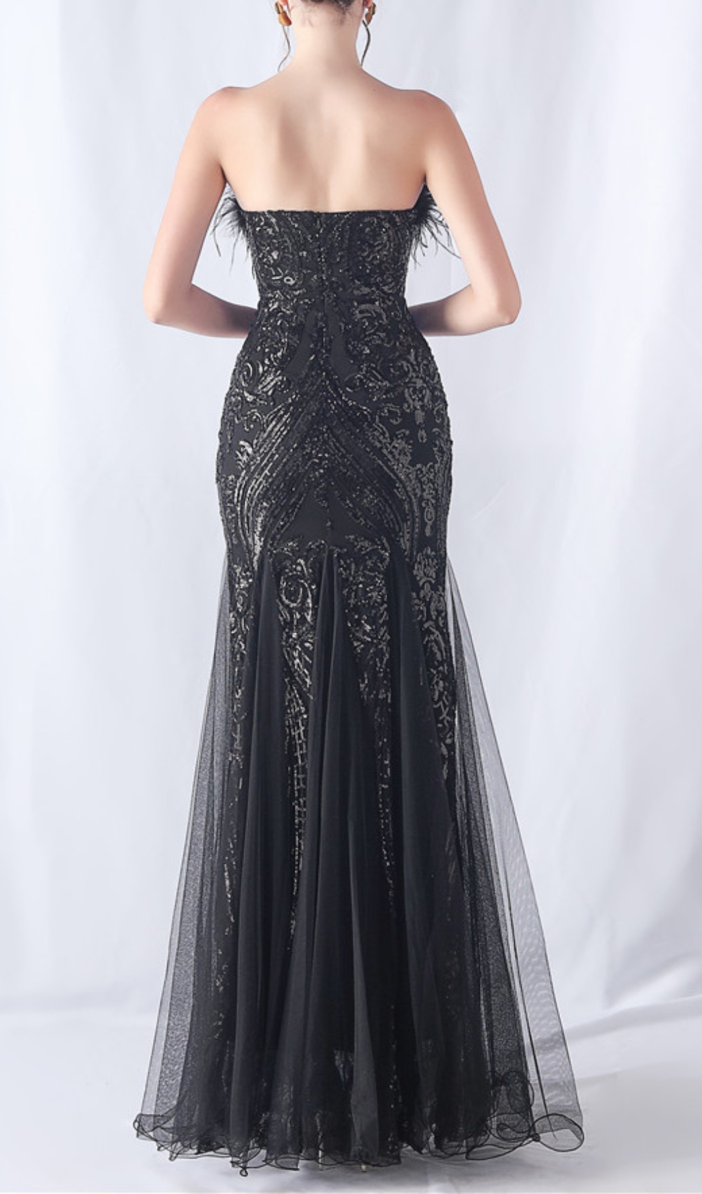 Fashionslee Women Choire Black Sequin Feather Maxi Dress