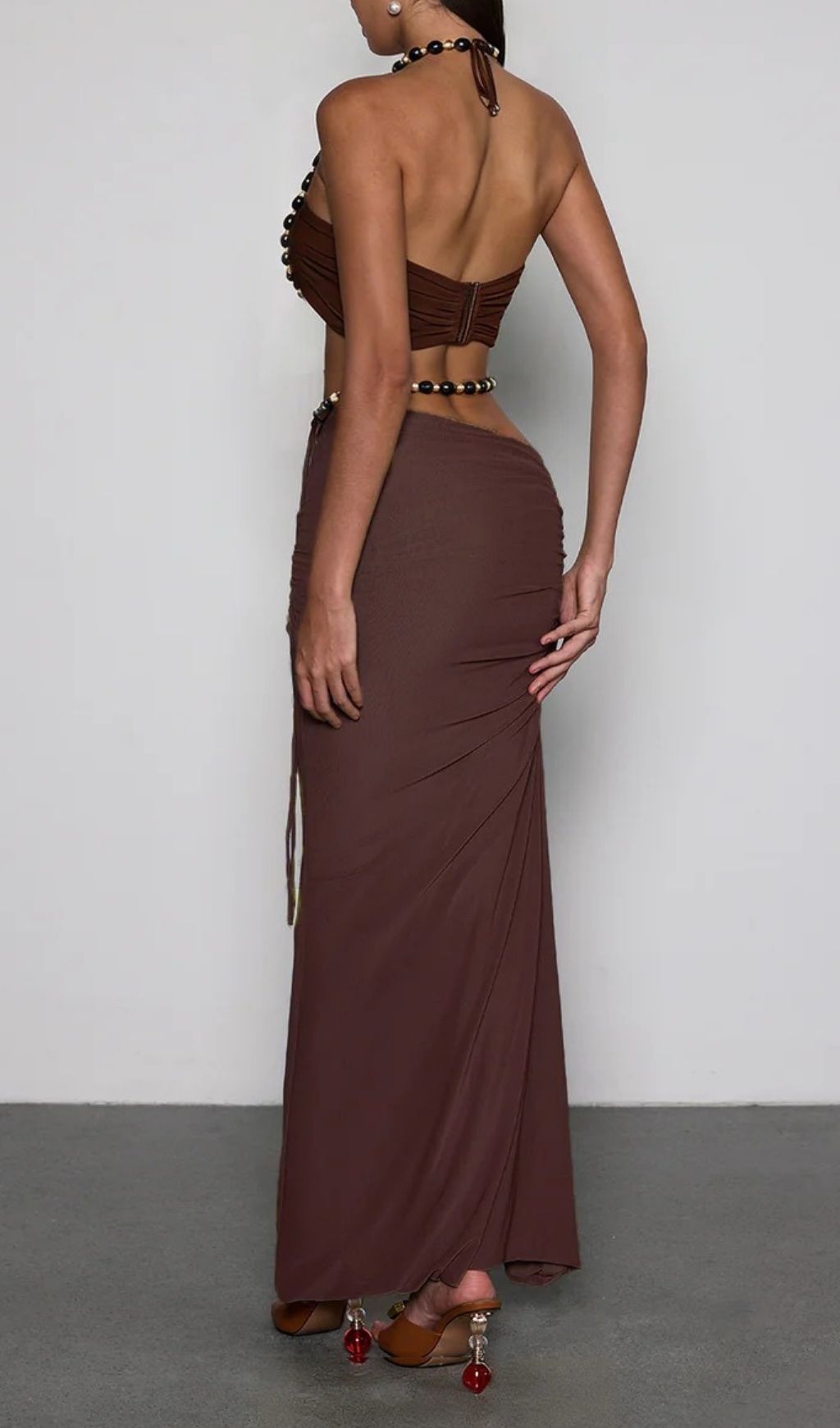 Fashionslee Women Eryna Halterneck Ruched Skirt Set In Coffee