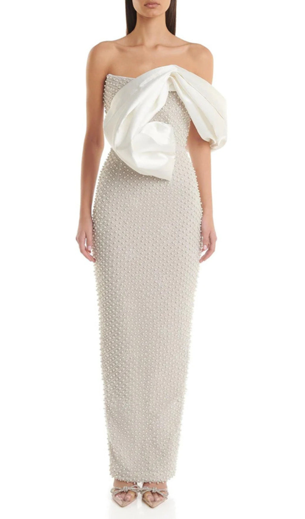 Fashionslee Women Adwen White Draped Bardot Pearl Maxi Dress