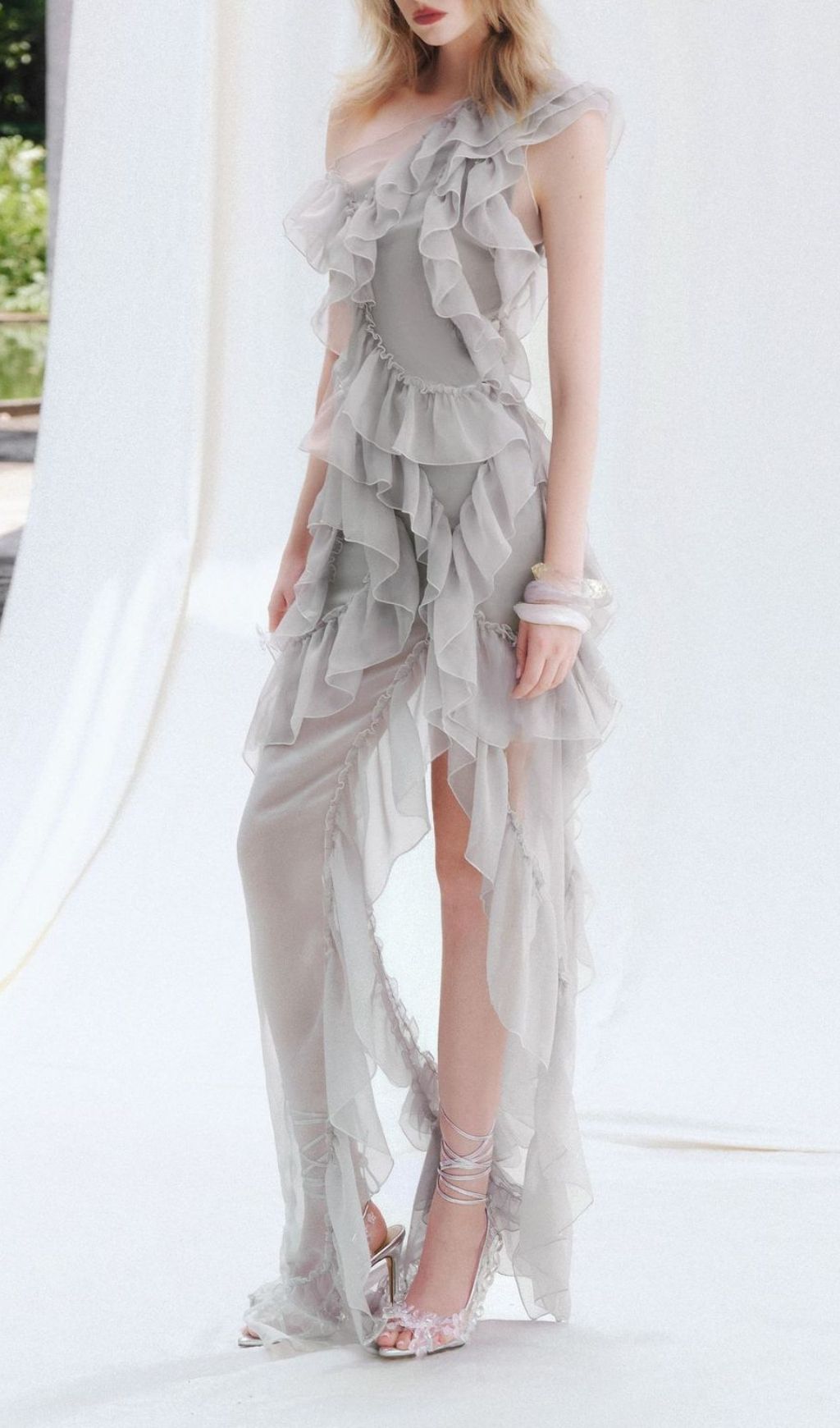 Fashionslee Women Klyara Grey Ruffle Mesh Maxi Dress