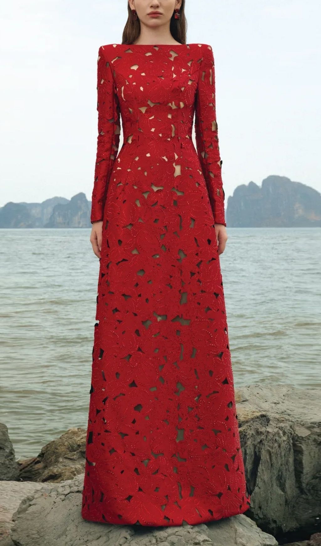 Fashionslee Women Kwanita Red Diamante Long Sleeve Maxi Dress