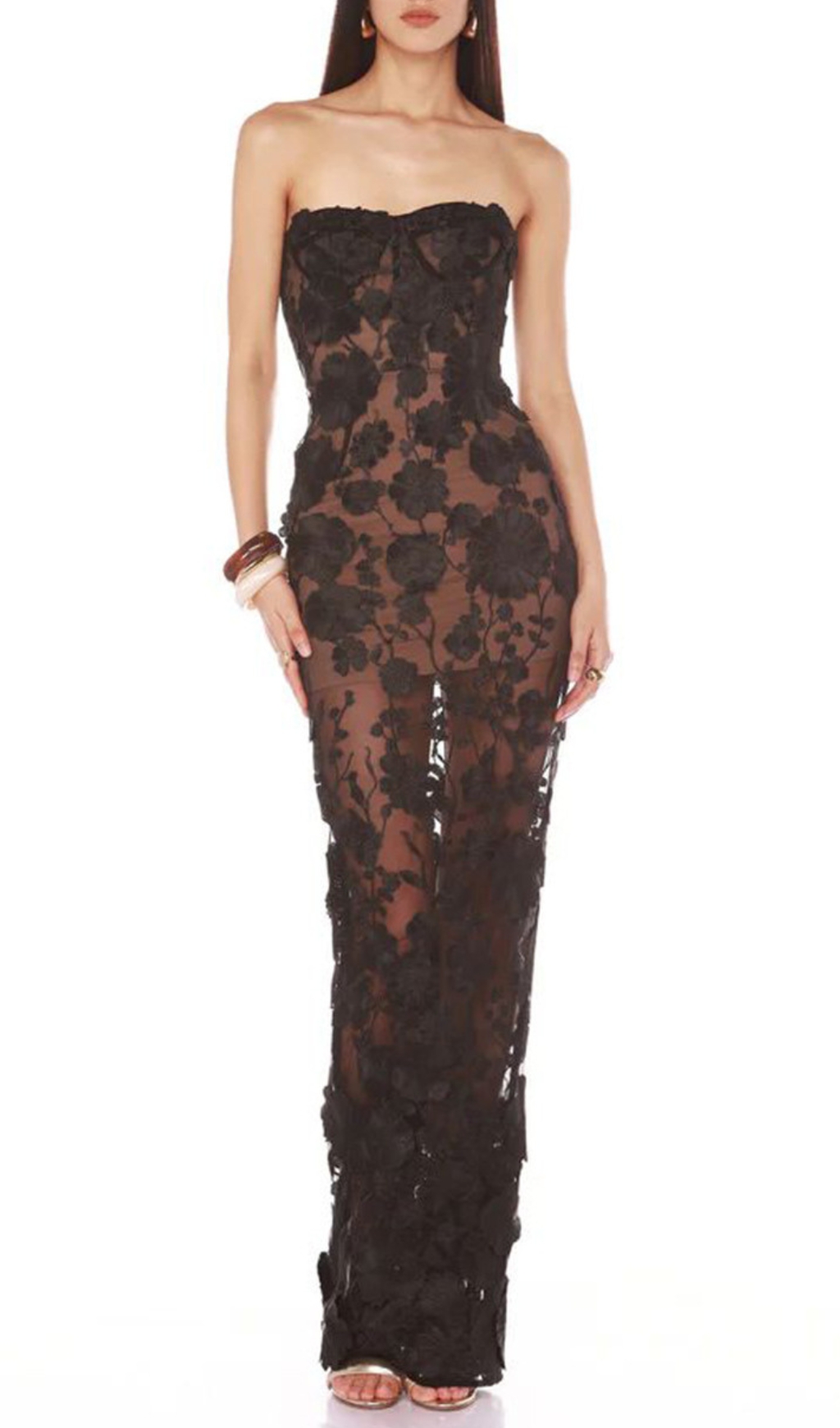 Fashionslee Women Decla Black Strapless Flower Maxi Dress