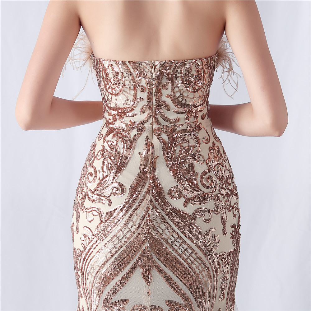 Fashionslee Women Choire Champagne Sequin Feather Maxi Dress