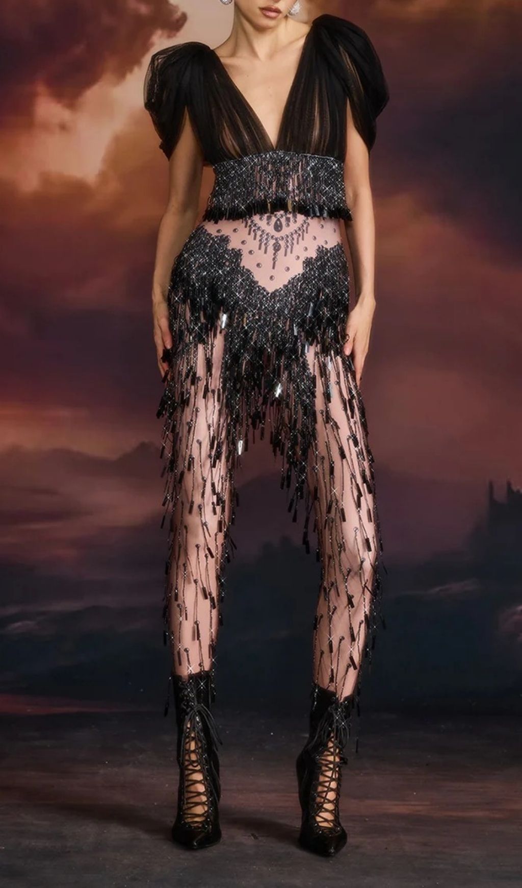 d9e1485411df5bdff7e3d86fc3ba4e2b.jpg Fashionslee Women Ana V Neck Rhinestone Fringe Mesh Jumpsuit