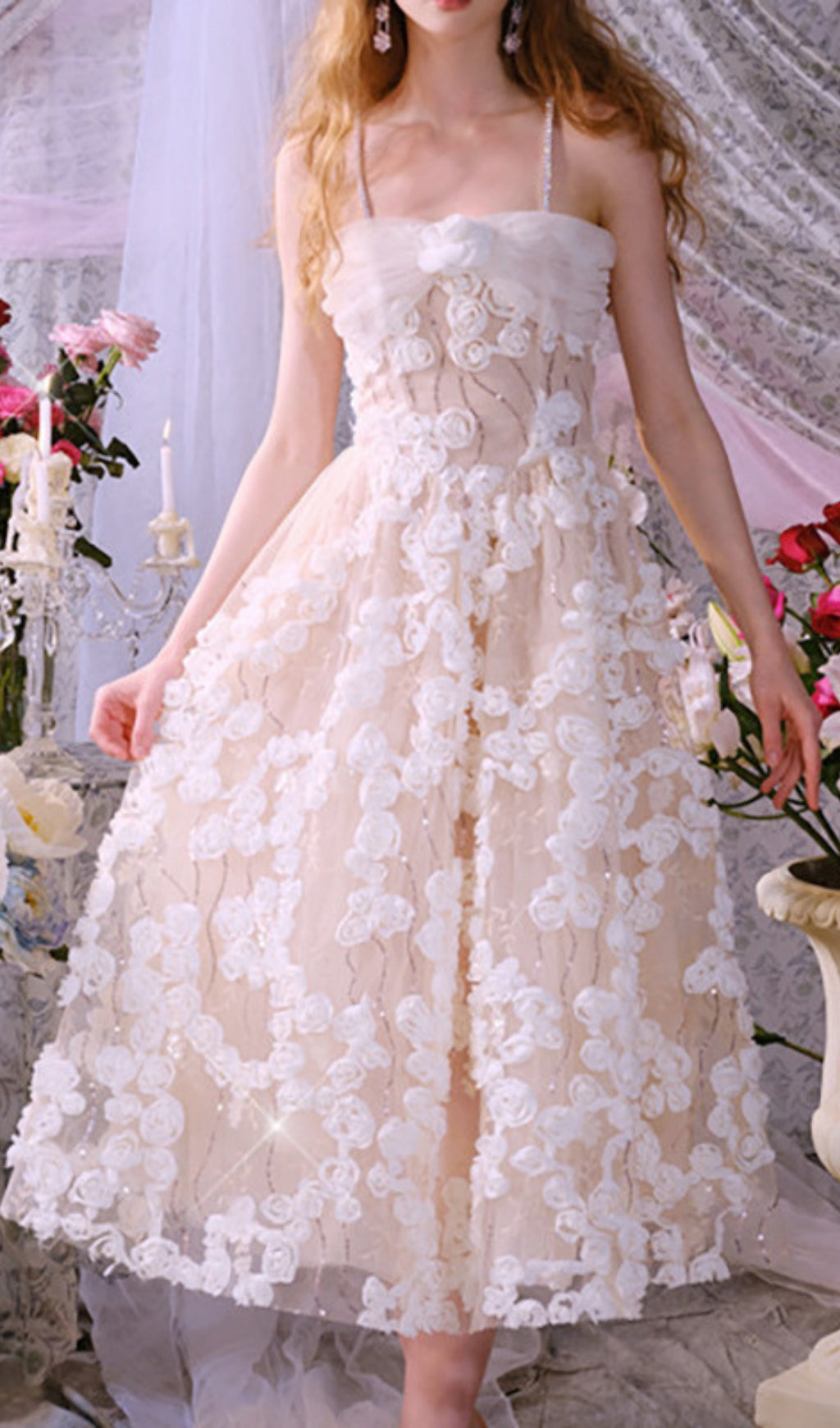 Fashionslee Women Aphra Floral Rhinestone Midi Dress