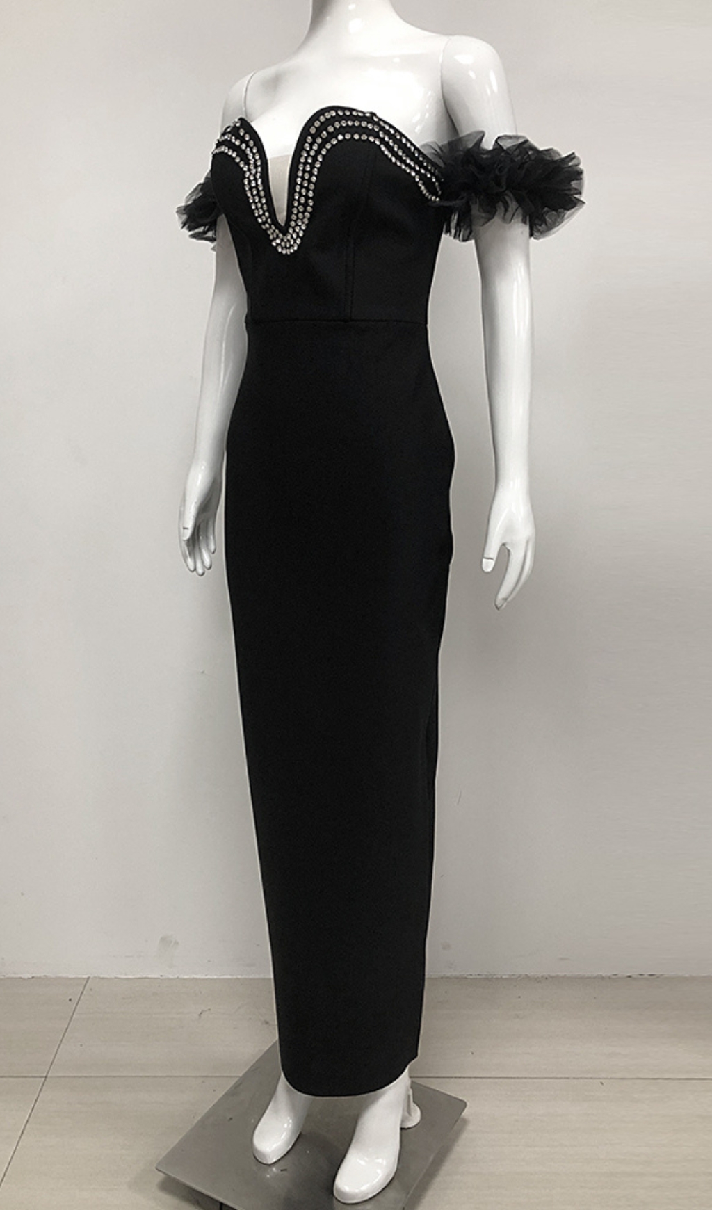 Fashionslee Women Cilicia Black Ruffle Crystal Maxi Bandage Dress