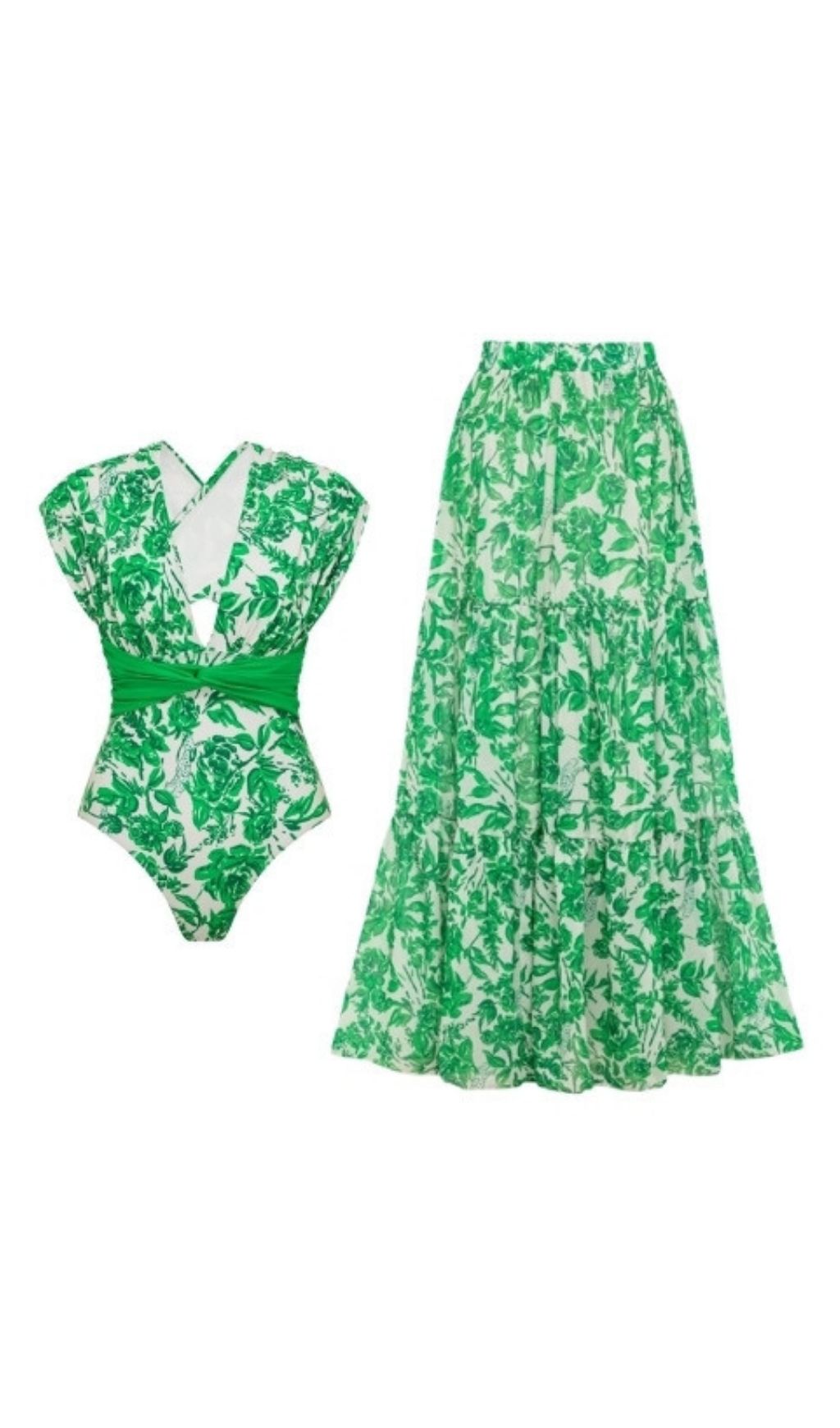 Fashionslee Women Kristyn Green Printed One-Piece Swimsuit & Skirt Set