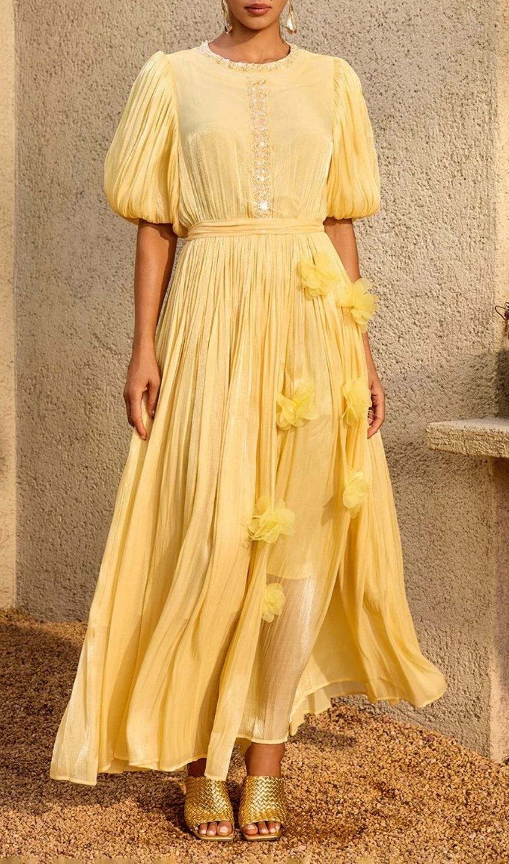 Fashionslee Women Istralion Puff Sleeve Flower Sequin Maxi Dress