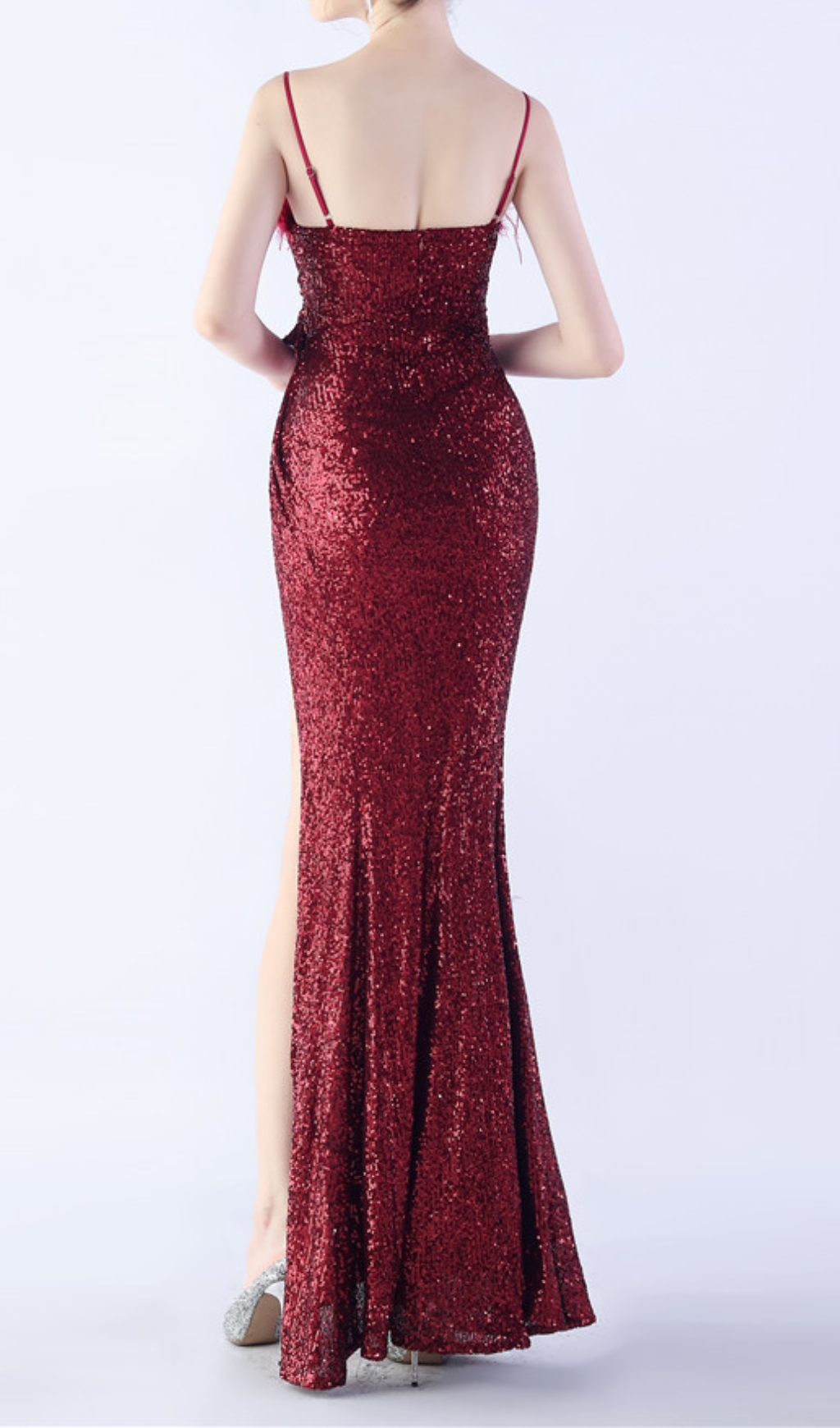 Fashionslee Women Chroma Wine Sequin Flower Feather Maxi Dress