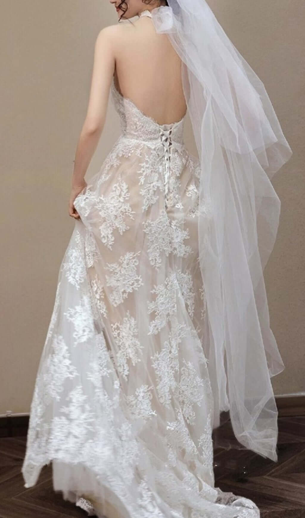 Fashionslee Women Aviella Halter Lace Wedding Dress