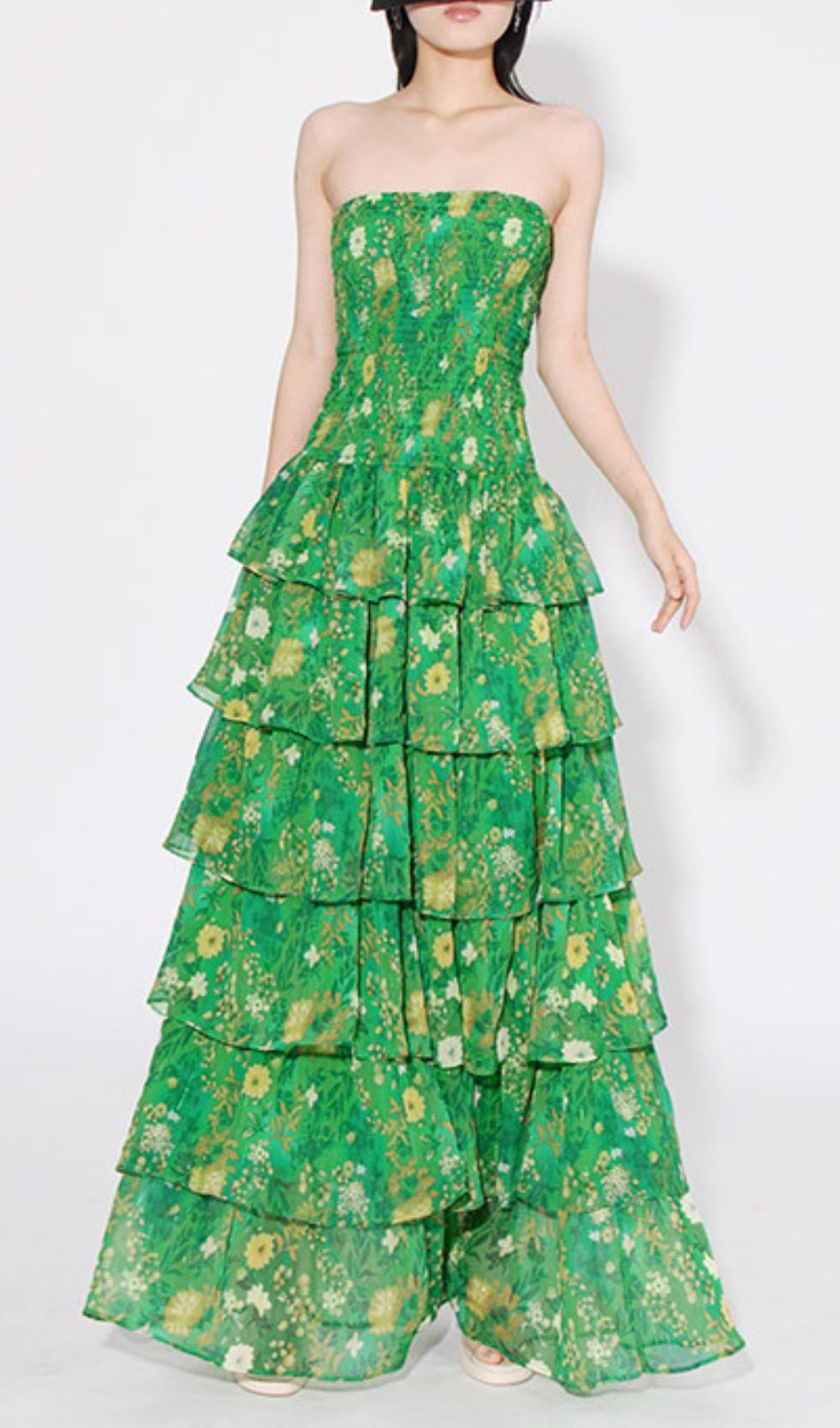 Fashionslee Women Bela Green Strapless Floral Ruffle Maxi Dress