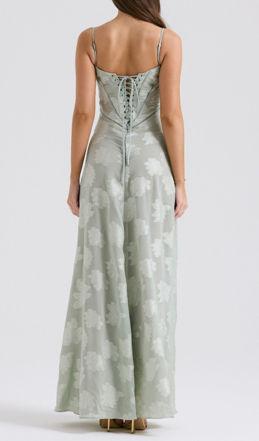 Fashionslee Women Billie Pistachio Floral Lace Back Maxi Dress