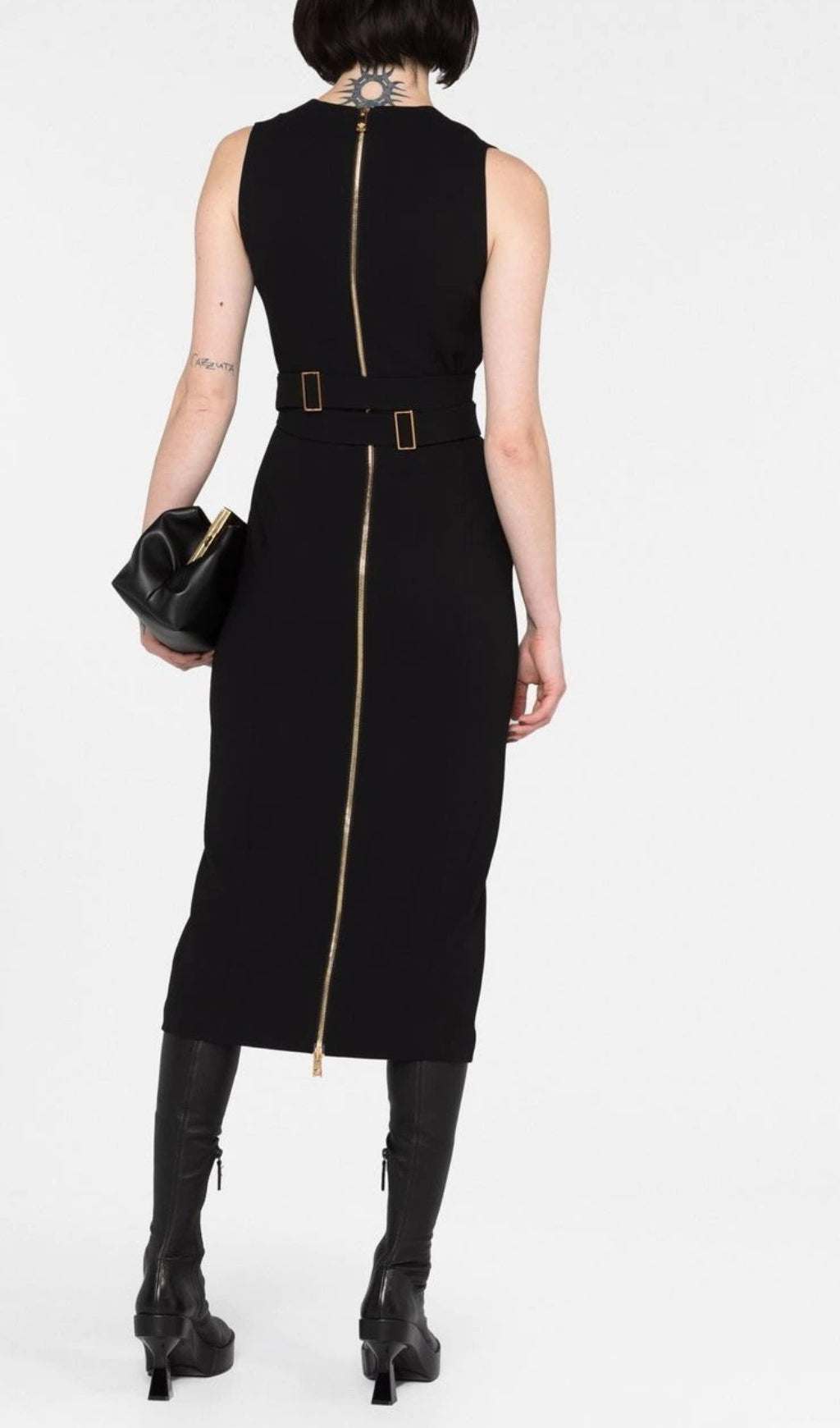 Fashionslee Women Buffy Black Gold Belt Bandage Midi Dress