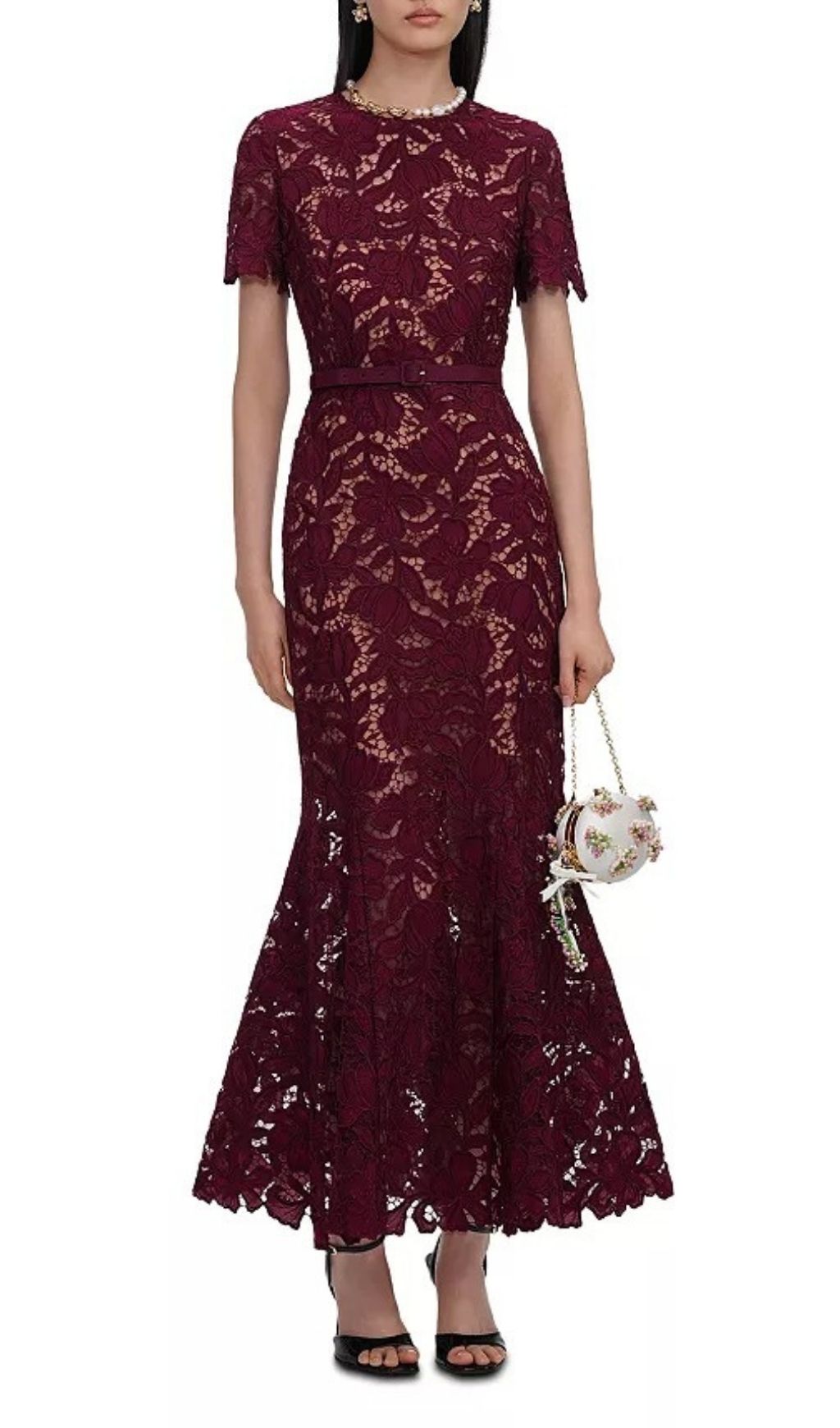 Fashionslee Women Burgundy Lace Midi Dress