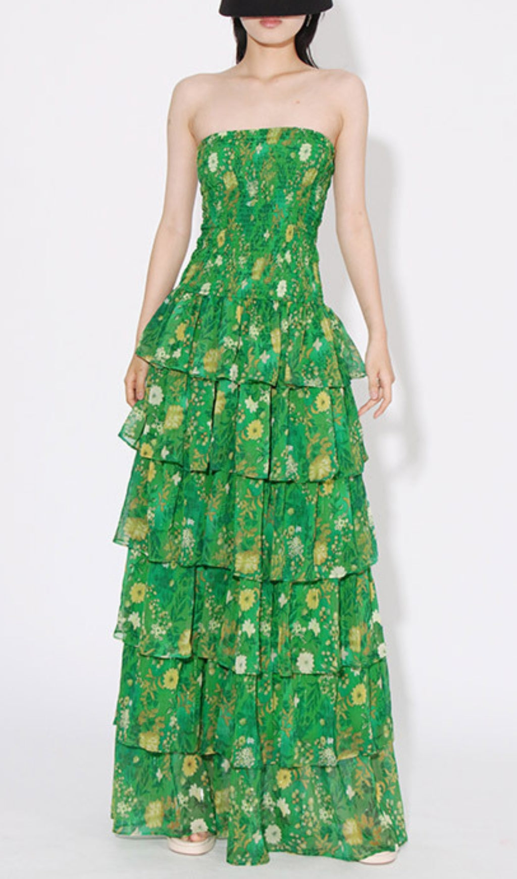 Fashionslee Women Bela Green Strapless Floral Ruffle Maxi Dress