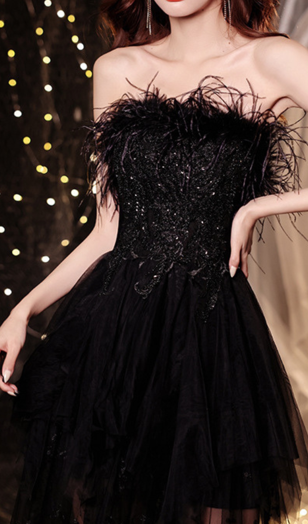 e8cacffaf0a6c2beeb68c5bb9fb5a8f9.jpg Fashionslee Women Chiyemi Black Feather Sequin Mesh Maxi Dress