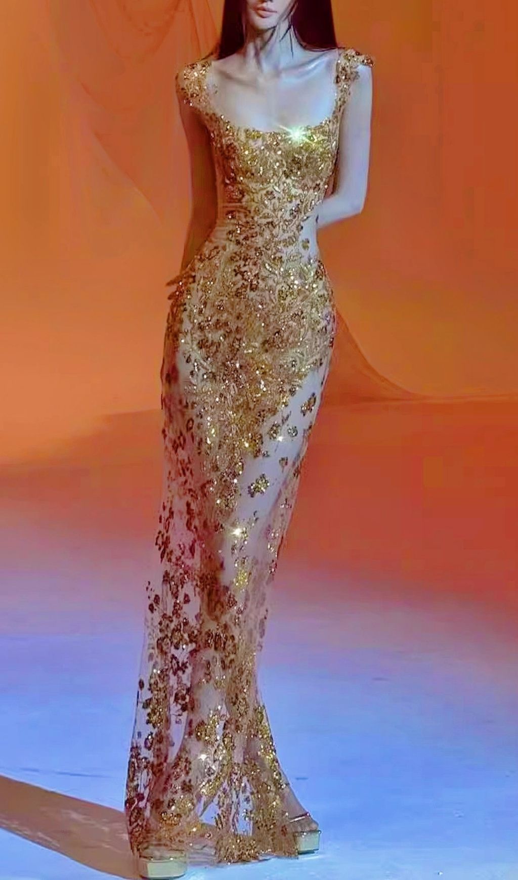 Fashionslee Women Kochava Gold Sequin Beaded Mesh Maxi Dress