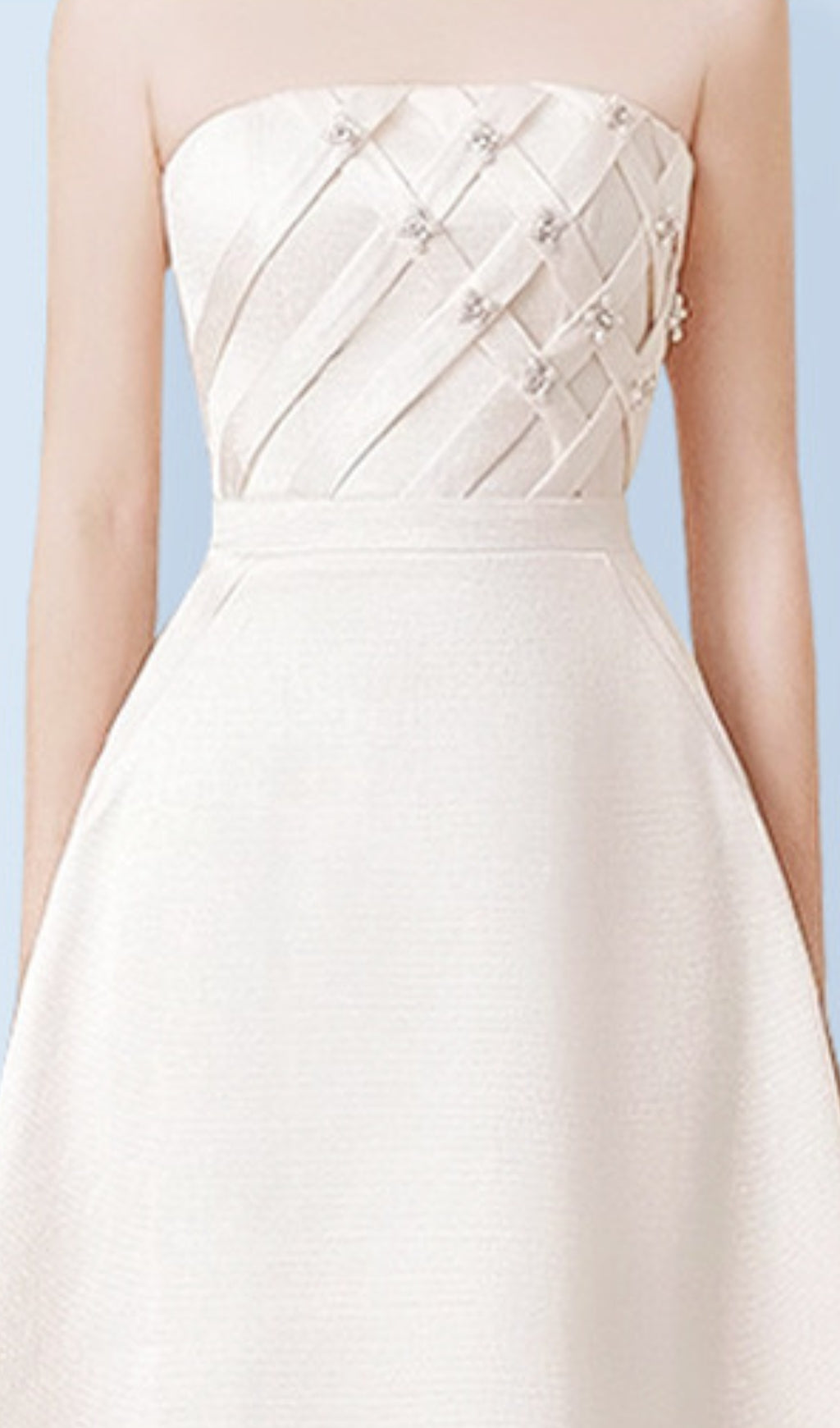 VIRAL WHITE STRAPLESS PEARL MIDI DRESS - OWNCI VIRAL WHITE STRAPLESS PEARL MIDI DRESS - OWNCI