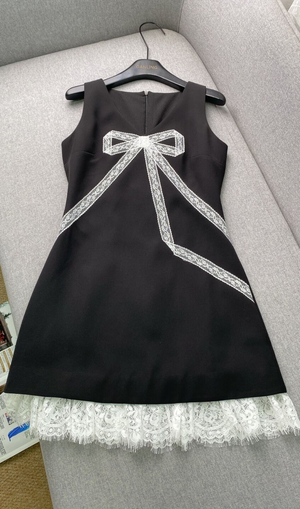 Fashionslee Women Black Crepe Lace Bow Dress