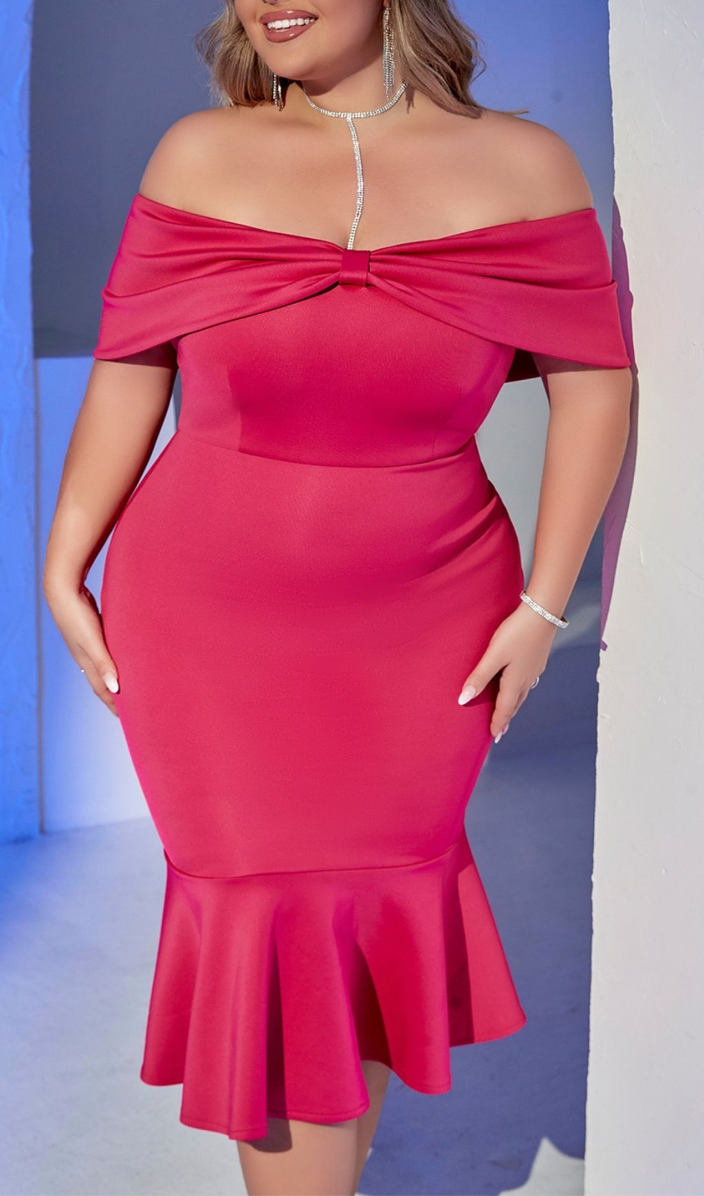 Fashionslee Women Laniakea Pink Off-Shoulder Plus Size Midi Dress