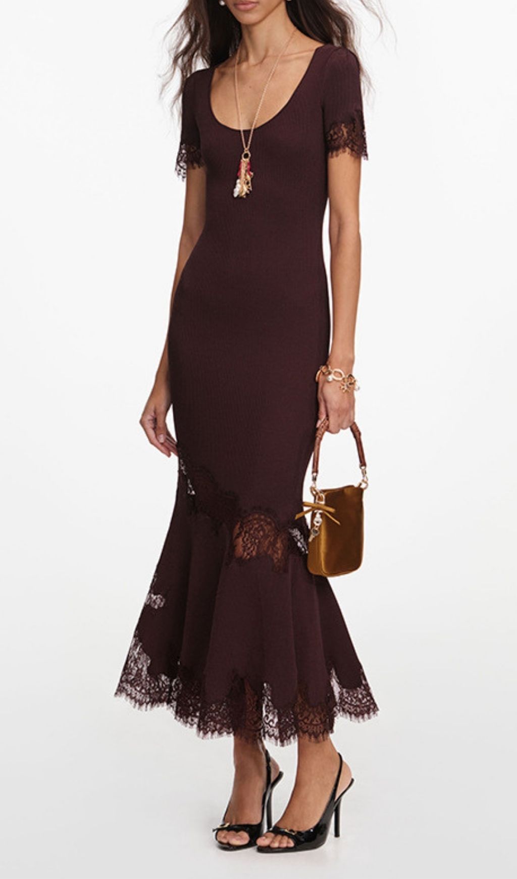 Fashionslee Women Latonya Brown U-Neck Lace Midi Dress