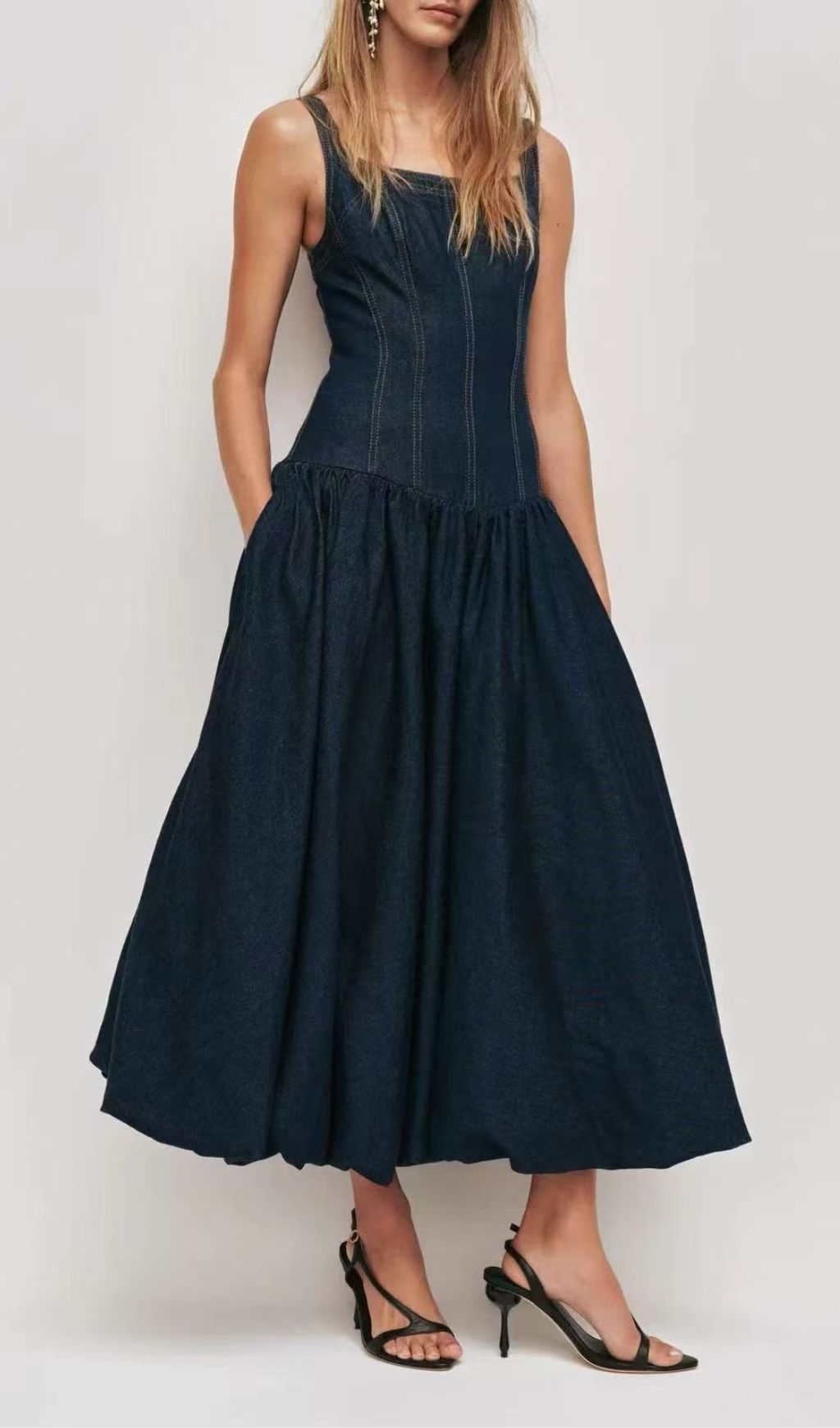 Fashionslee Women Larisa Square Neck Denim Midi Dress