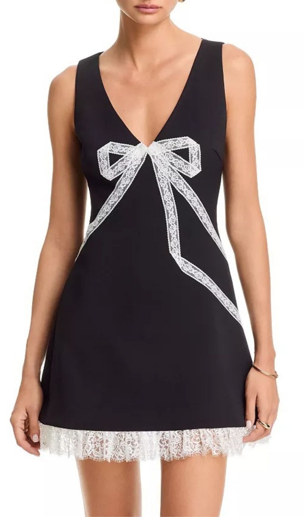 Fashionslee Women Black Crepe Lace Bow Dress