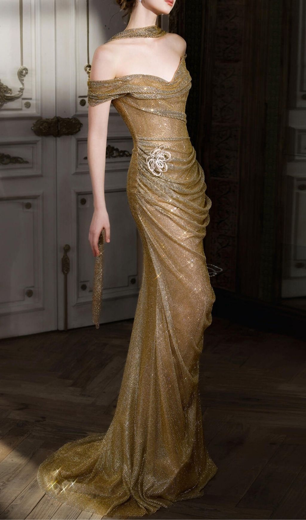 Fashionslee Women Krystina Gold Off-Shoulder Flower Maxi Dress