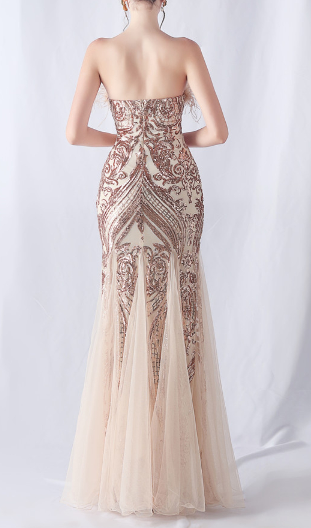 Fashionslee Women Choire Champagne Sequin Feather Maxi Dress
