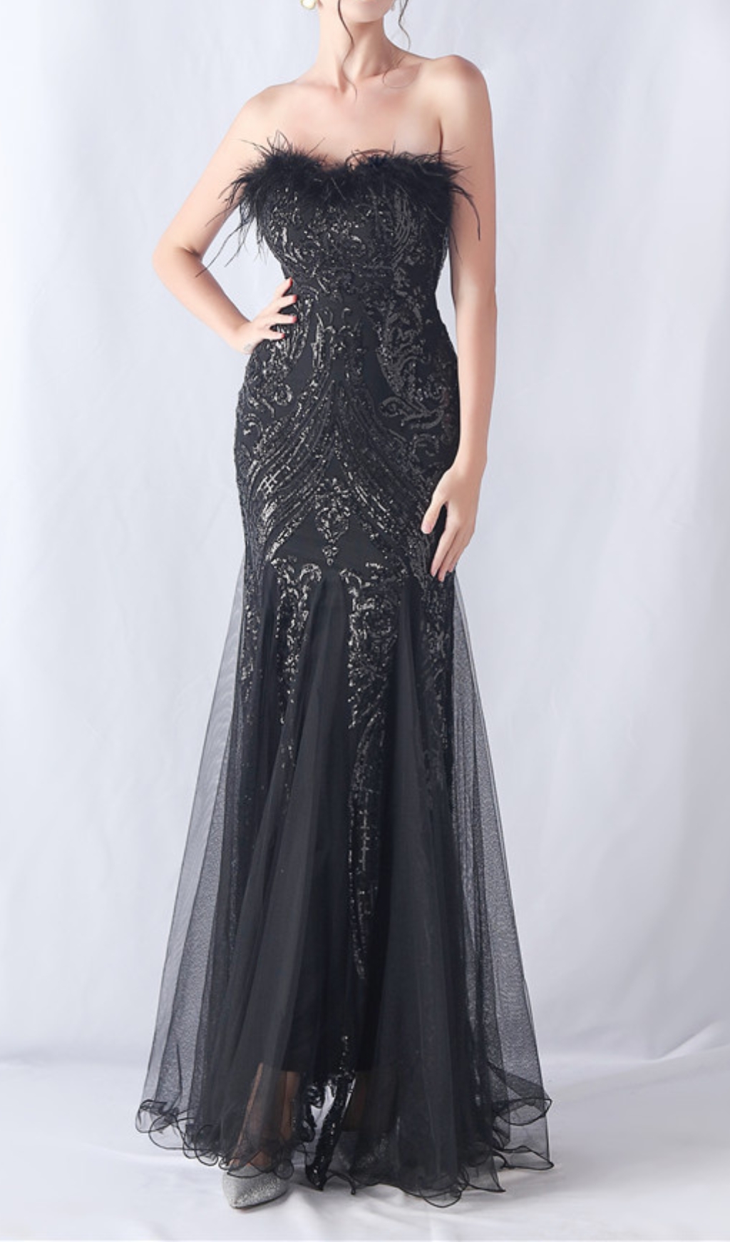 Fashionslee Women Choire Black Sequin Feather Maxi Dress