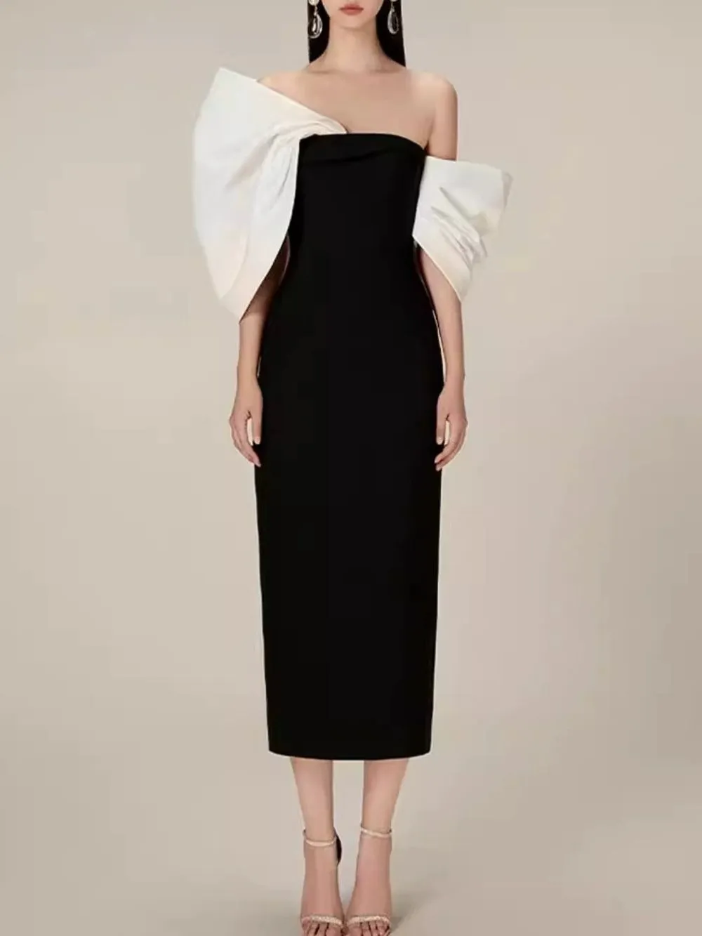 VINTAGE OFF-SHOULDER MIDI DRESS IN SATIN