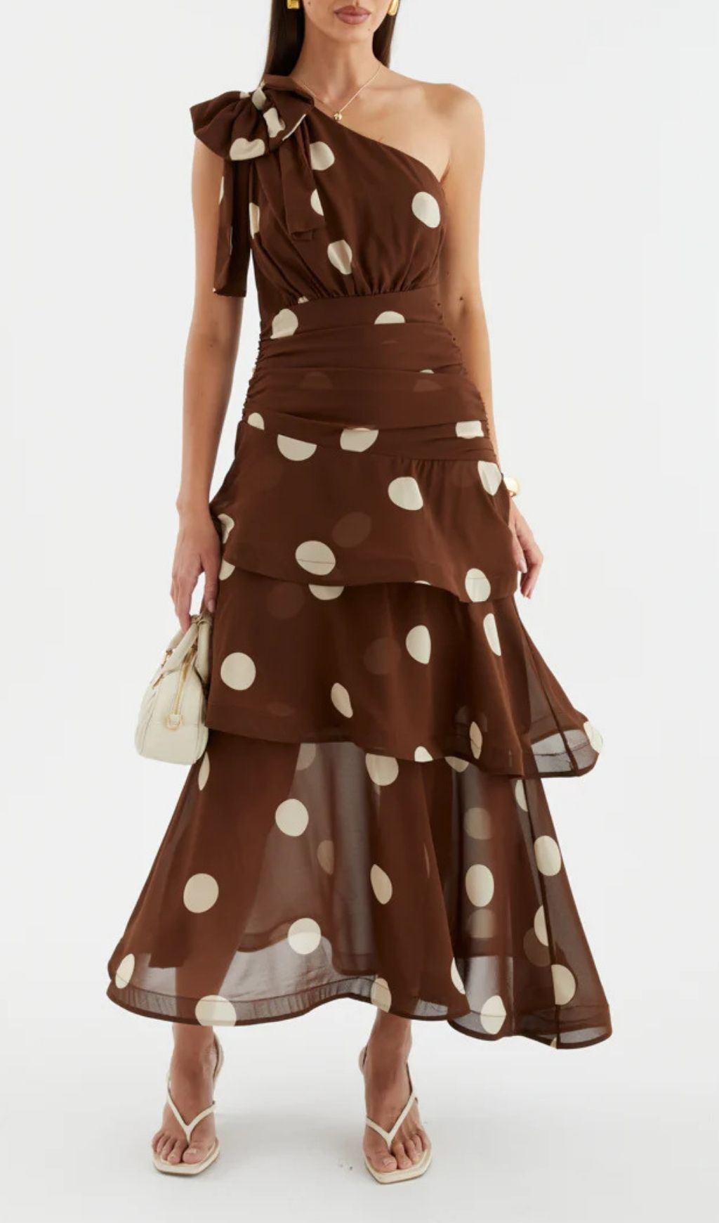 f5c2ae943a732eb0f52f3961fda87895.jpg Fashionslee Women Lalaine Coffee One-Shoulder Dot Midi Dress