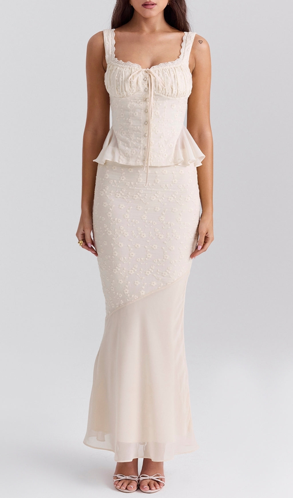 Fashionslee Women Bian Vintage Cream Cotton Broderie Anglais Maxi Skirt Set