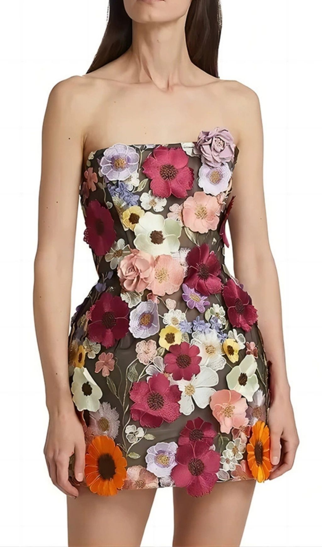 Fashionslee Women Laasya Black Strapless Flower Embroidery Mini Dress