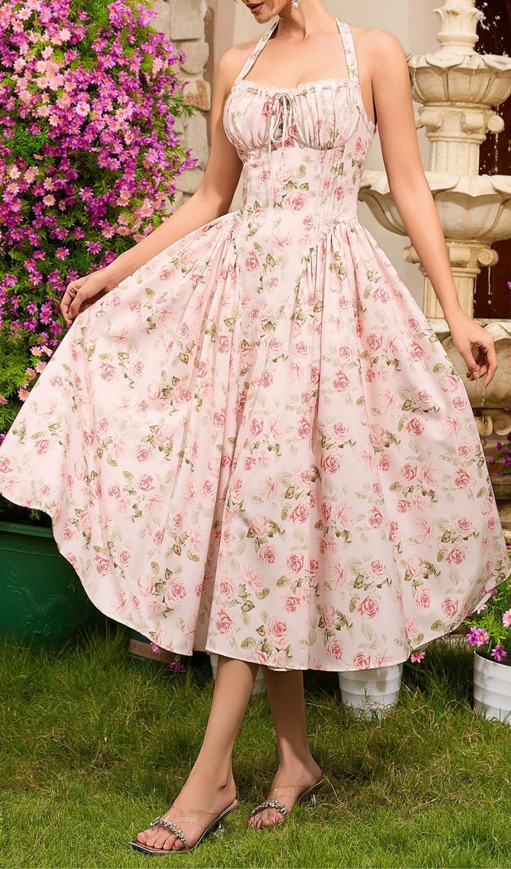 Fashionslee Women Lakota Halter Floral Midi Dress