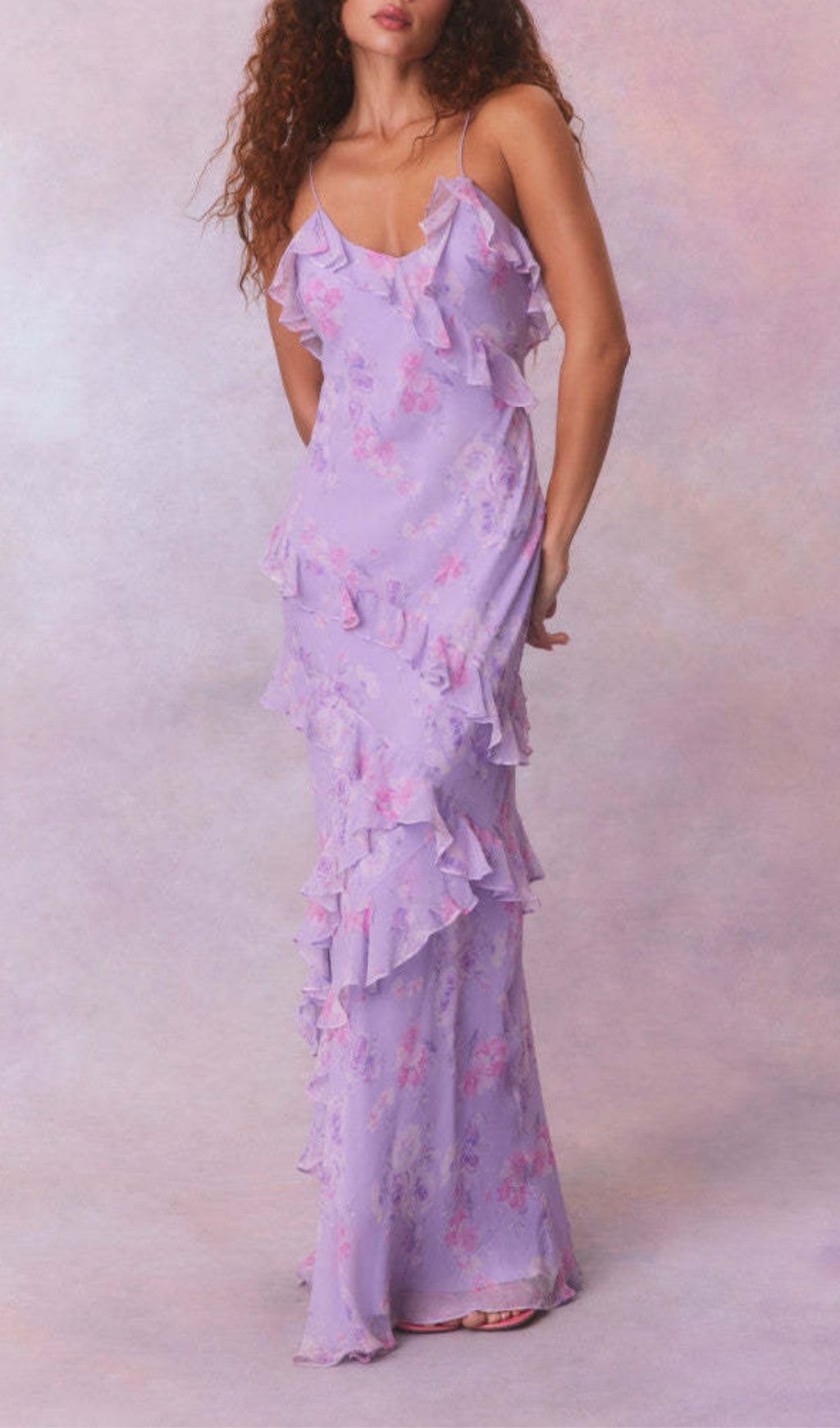 Fashionslee Women Labonita Purple Floral Ruffle Maxi Dress