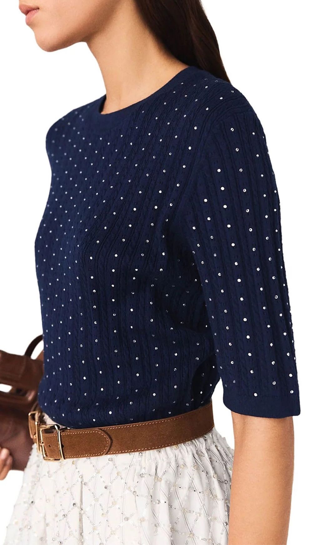Fashionslee Women Round Neck Rhinestone Sweater