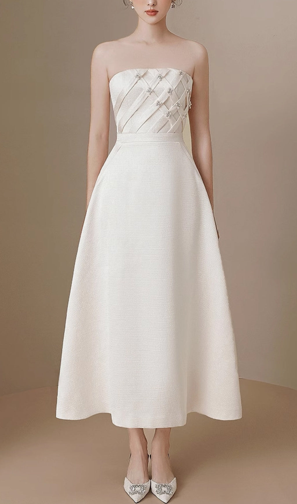 Fashionslee Women Ayah White Strapless Pearl Midi Dress