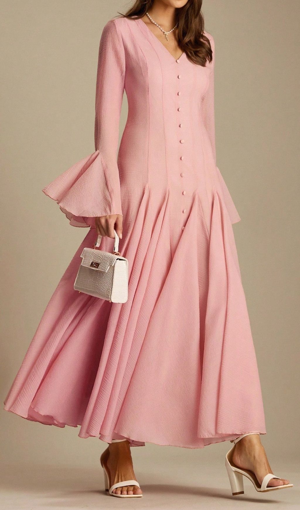 Fashionslee Women Lane Pink V-Neck Long Sleeve Maxi Dress