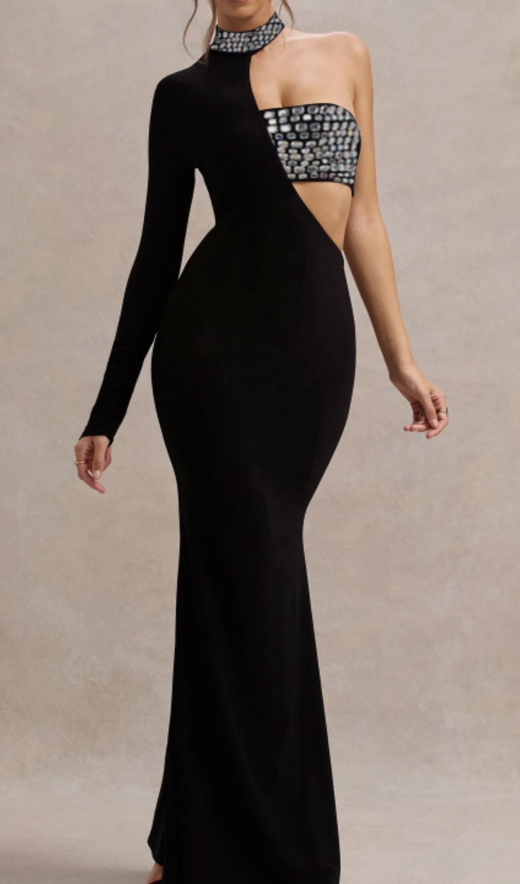 Fashionslee Women Black One Sleeve Crystal Detail Maxi Dress
