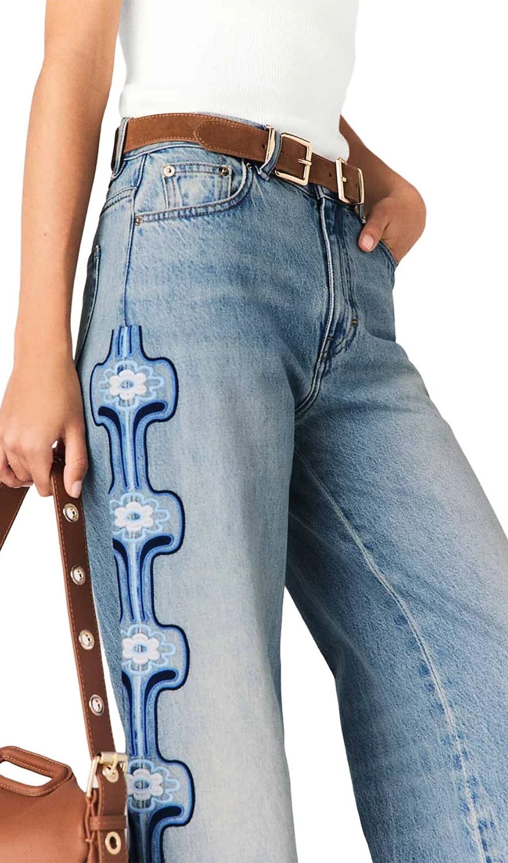Fashionslee Women Pintbrode Floral Embroidered Wide Leg Jeans in Blue