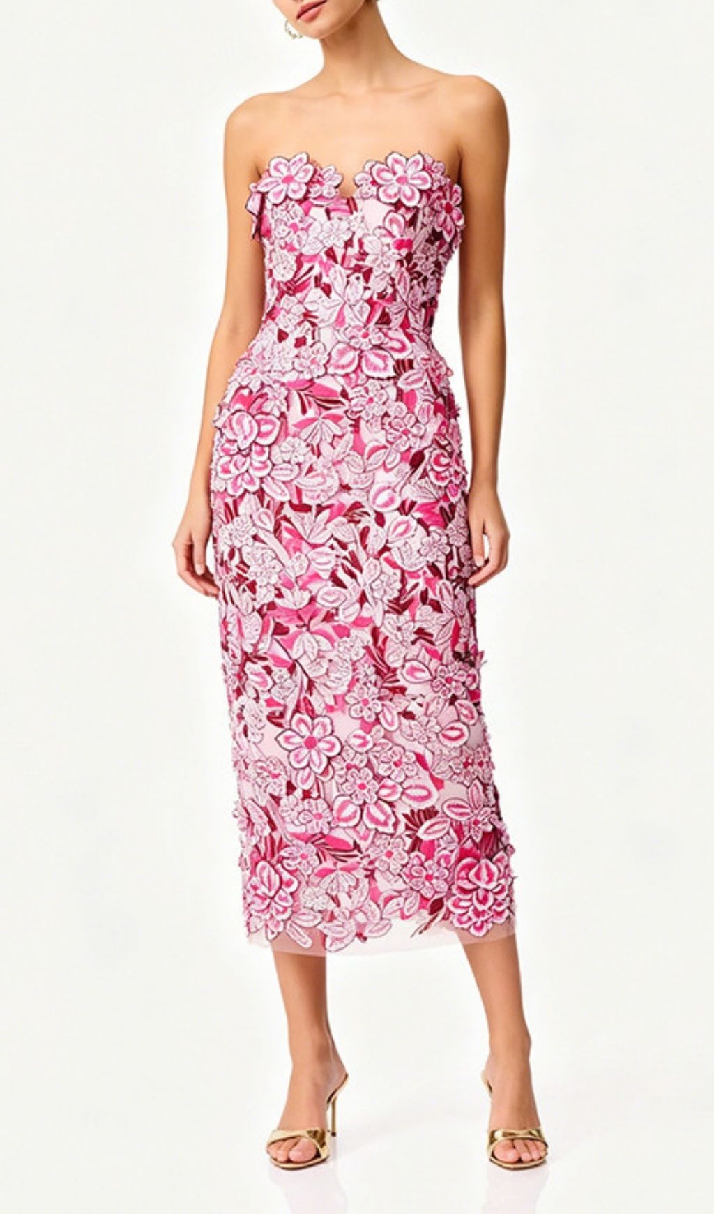 Fashionslee Women Larissa Pink Strapless Flower Embroidery Midi Dress