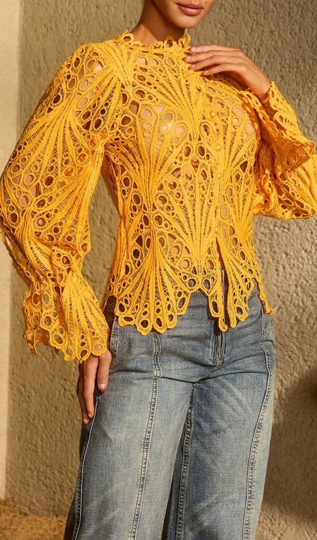 Fashionslee Women Lysendral Long Sleeve Crochet Top In Yellow