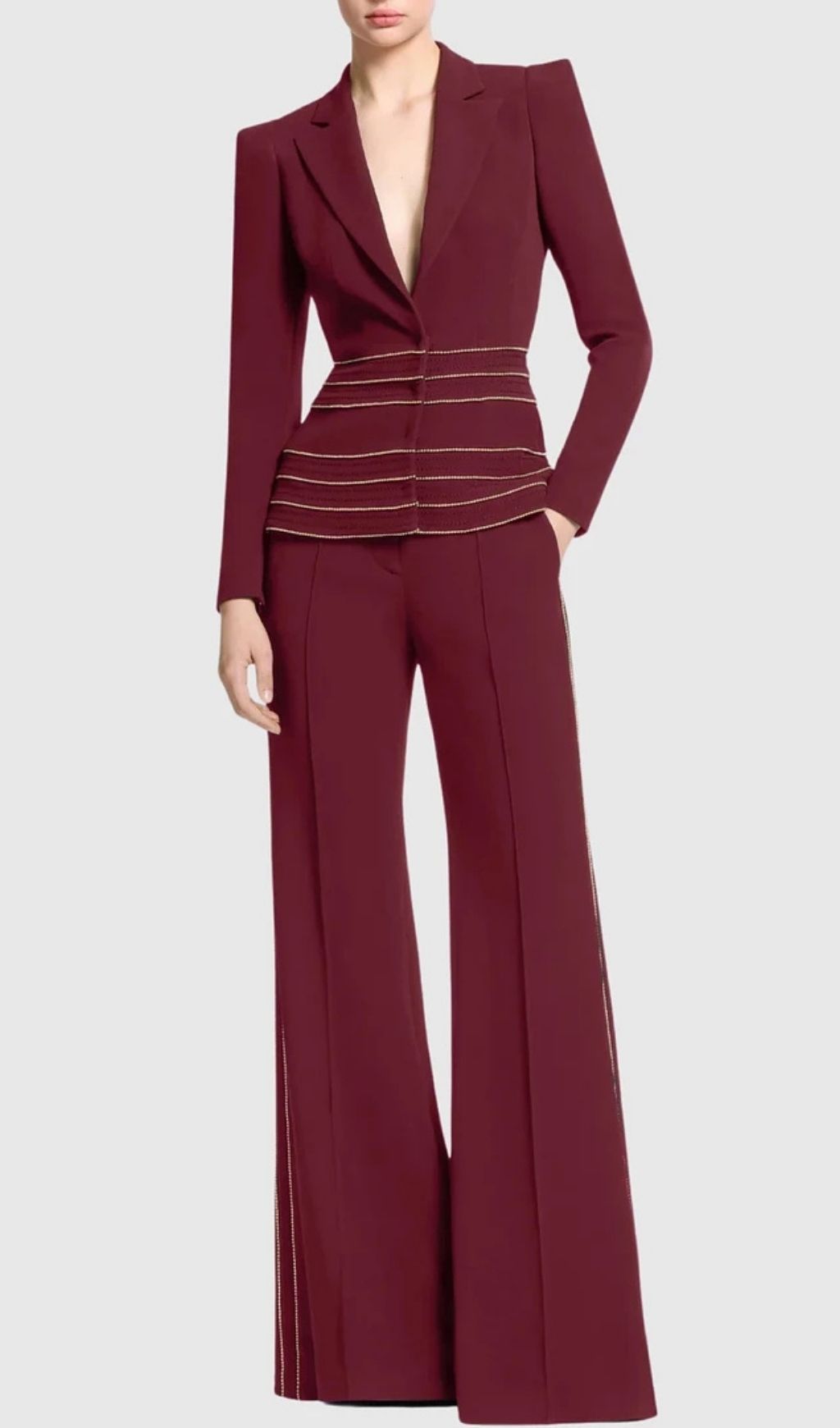 Sandy Trim Embellished Blazer & Pants Set - Wine