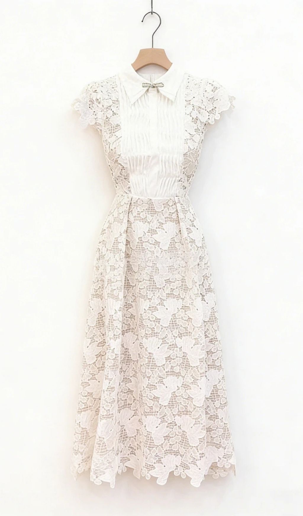 Leila White 3D Flower Embroidery Bow Lace Midi Dress